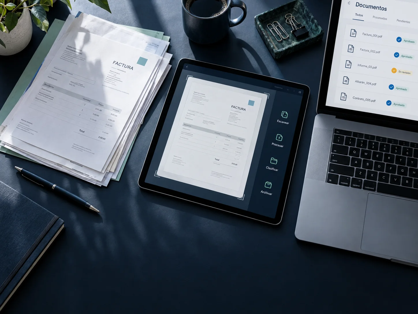 Imagen conceptual de documentos que se organizan digitalmente.