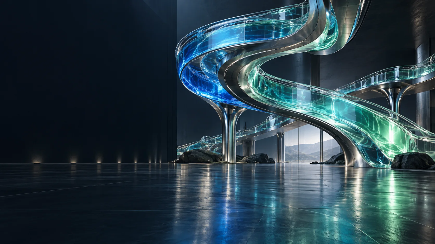 Escultura de cristal azul y verde: formas independientes conectadas en un mismo flujo.